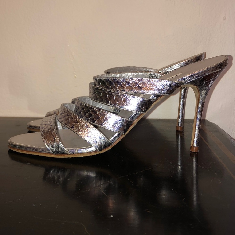 Silver Manolo Blahnik Stiletto Sandal Snakeskin 38